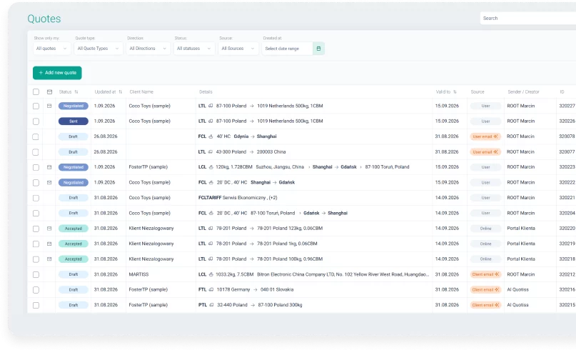 Quotation list in Quotiss